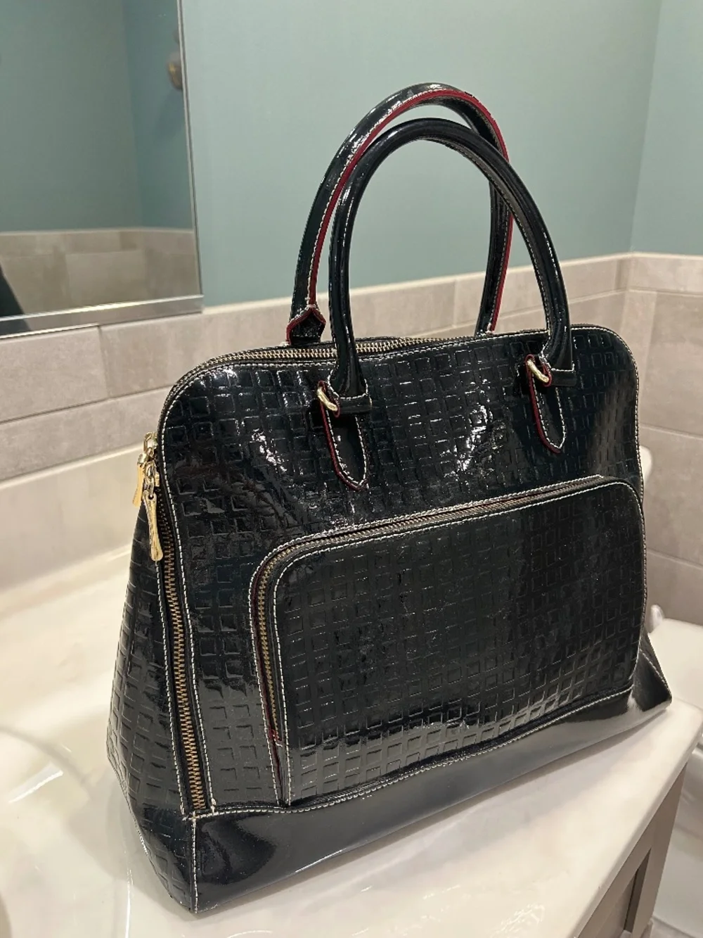 Quiet luxury Arcadia Italy black patent leather satchel work bag